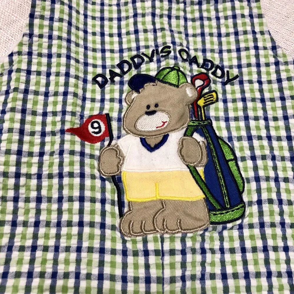 VTG Y2K baby boys 3-6m seersucker romper overalls golf bear plaid embroidered